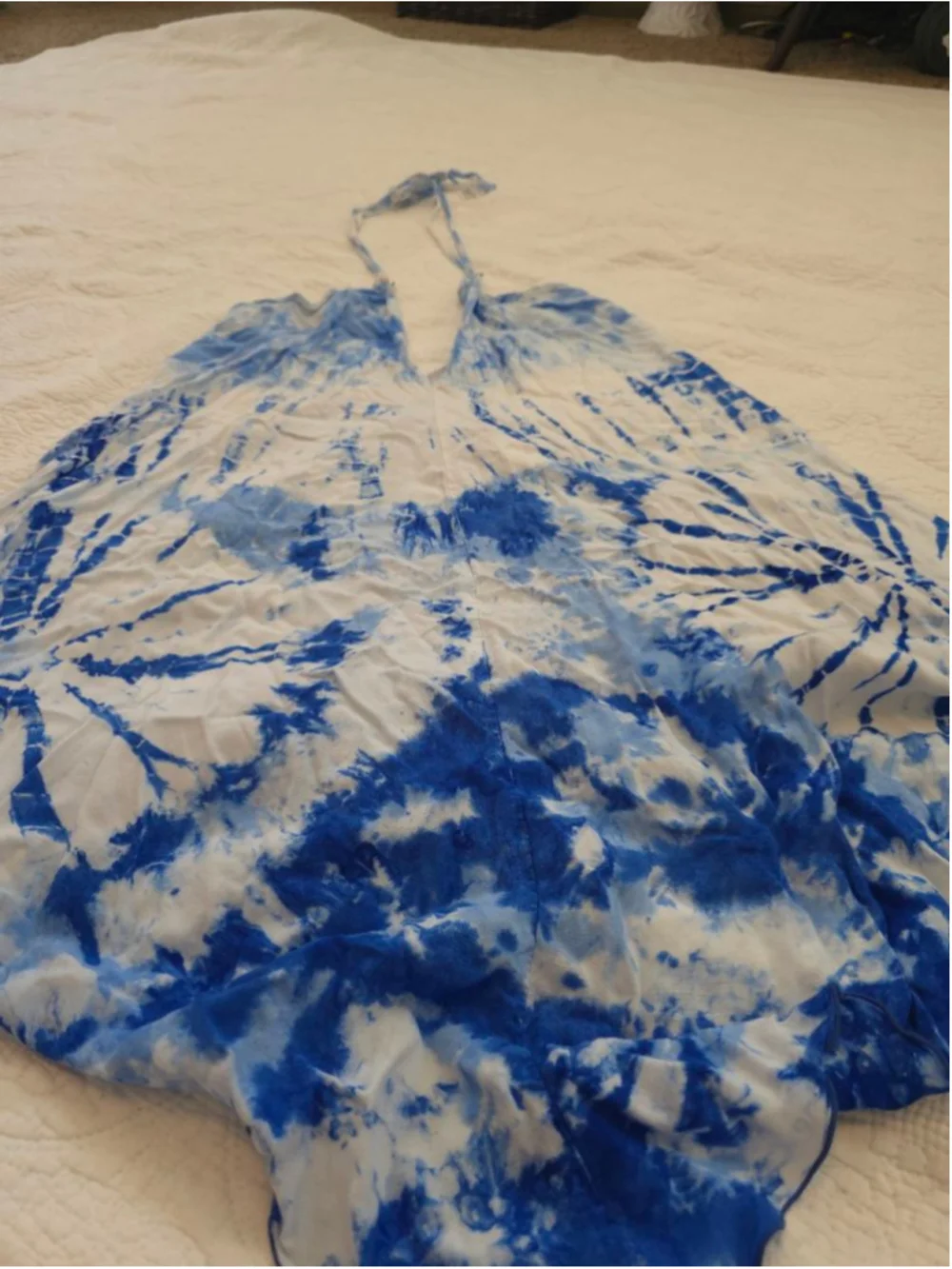 Made In Bali Blue White Tie-Dye Halter Coverup Dress One-size Asymmetrical Hem